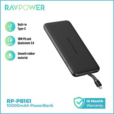 Powerbank terbaik untuk traveling dengan baterai lithium-polymer, RAVPower Powerbank RP-PB161 10,000 mAh